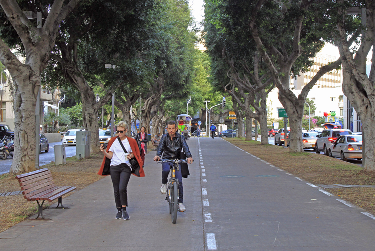 Tel Aviv, Israel - November 30, 2017: people walk by Rothschild Boulevard in Tel Aviv, Israel